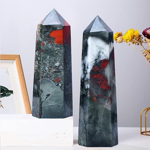 Miniatura 7 de Torre de obelisco de piedra de sangre de África, varita de punto de cristal curativo natural, 6 facetas de meditación Reiki para decoración