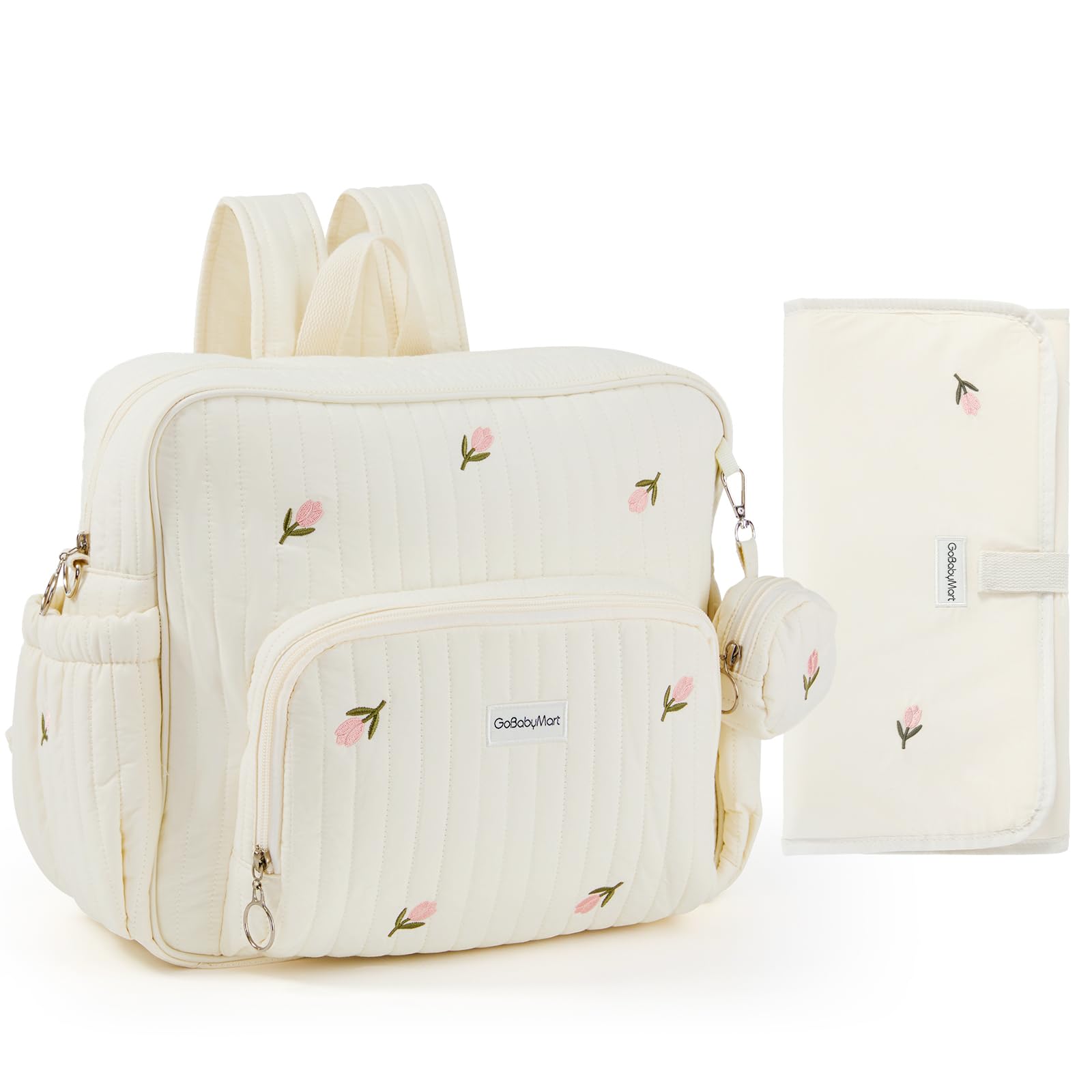 GOBABYMART Diaper Bag Backpack with Changing Pad - Travel Baby Bag, Insulated Bottle Pockets, Stroller Straps (Medium - Beige Tulips)