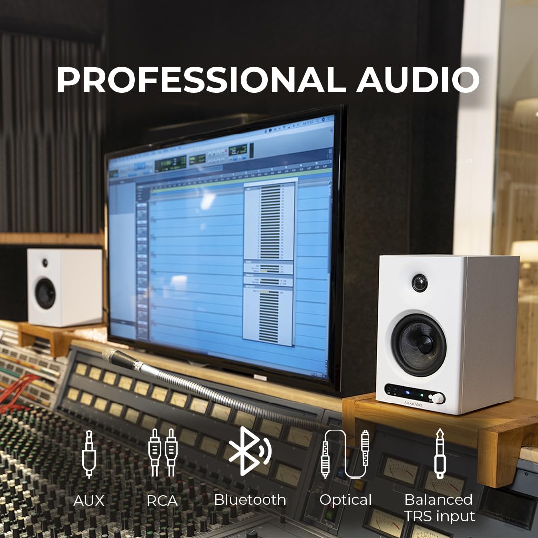 VULKKANO Pack Hi-Fi: Monitores de Estudio PRO4 con Woofer de 4” Blanco, Bluetooth,TRS y RCA + Auriculares Estudio HC20 IRATI Over-Ear con Copas de Madera, Drivers 50mm, Diseño Profesional.