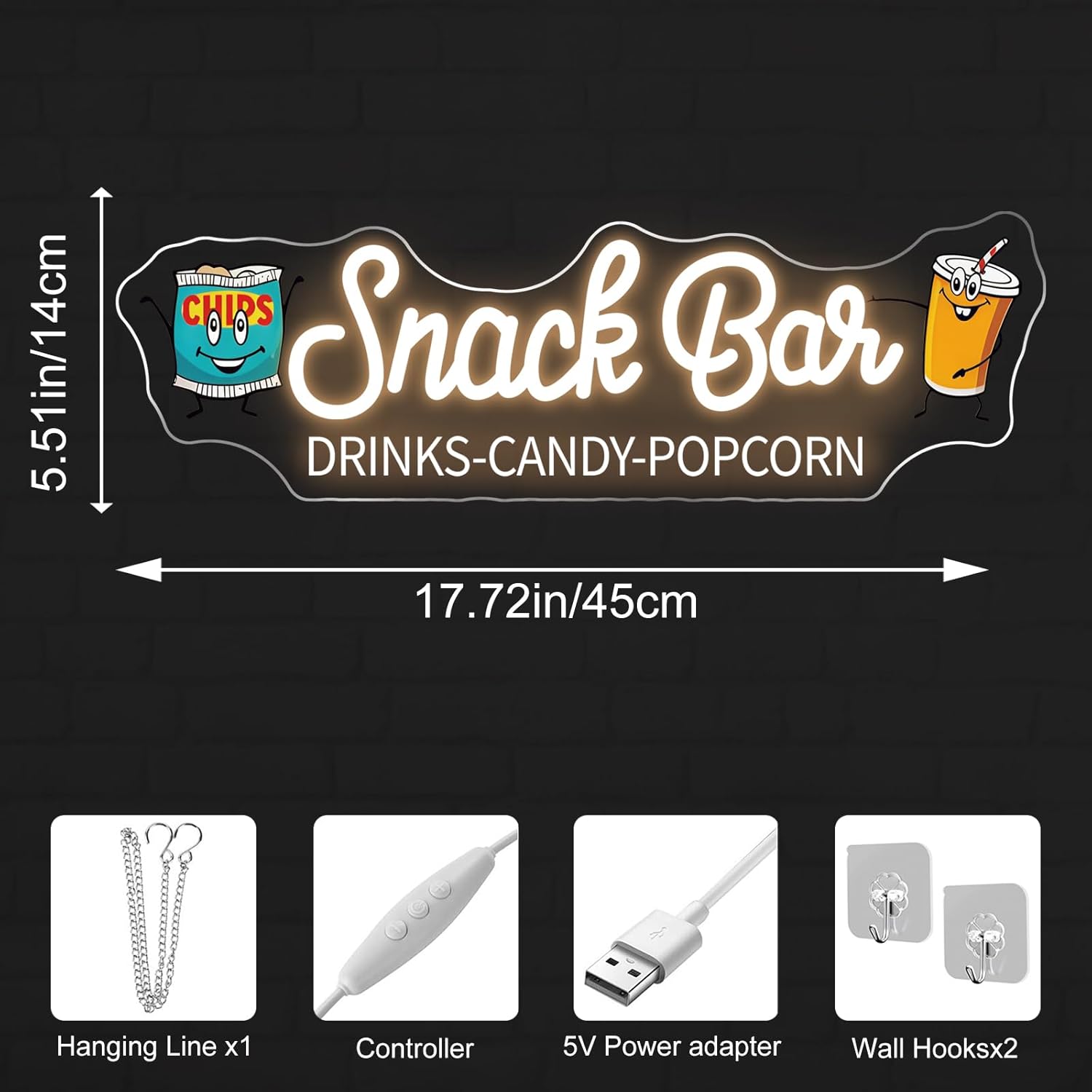 Snack Bar Neon Sign - Dimmable USB Light Up Bar Sign & Snack Bar Signs for Wall, Ideal for Home Theaters, Snack Shops, Game Rooms, Retro Gifts - Warm White