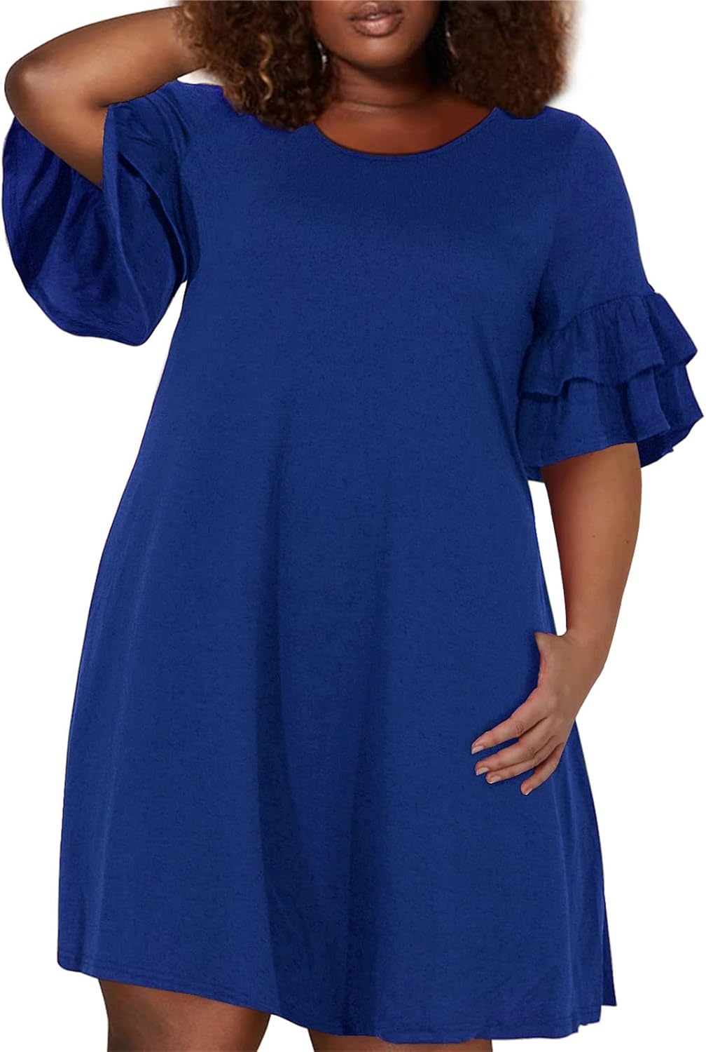 Nemidor Plus Size Casual Dresses for Curvy Women Summer Ruffle Sleeve T-Shirt Swing Mini Dress with Pocket 14-26