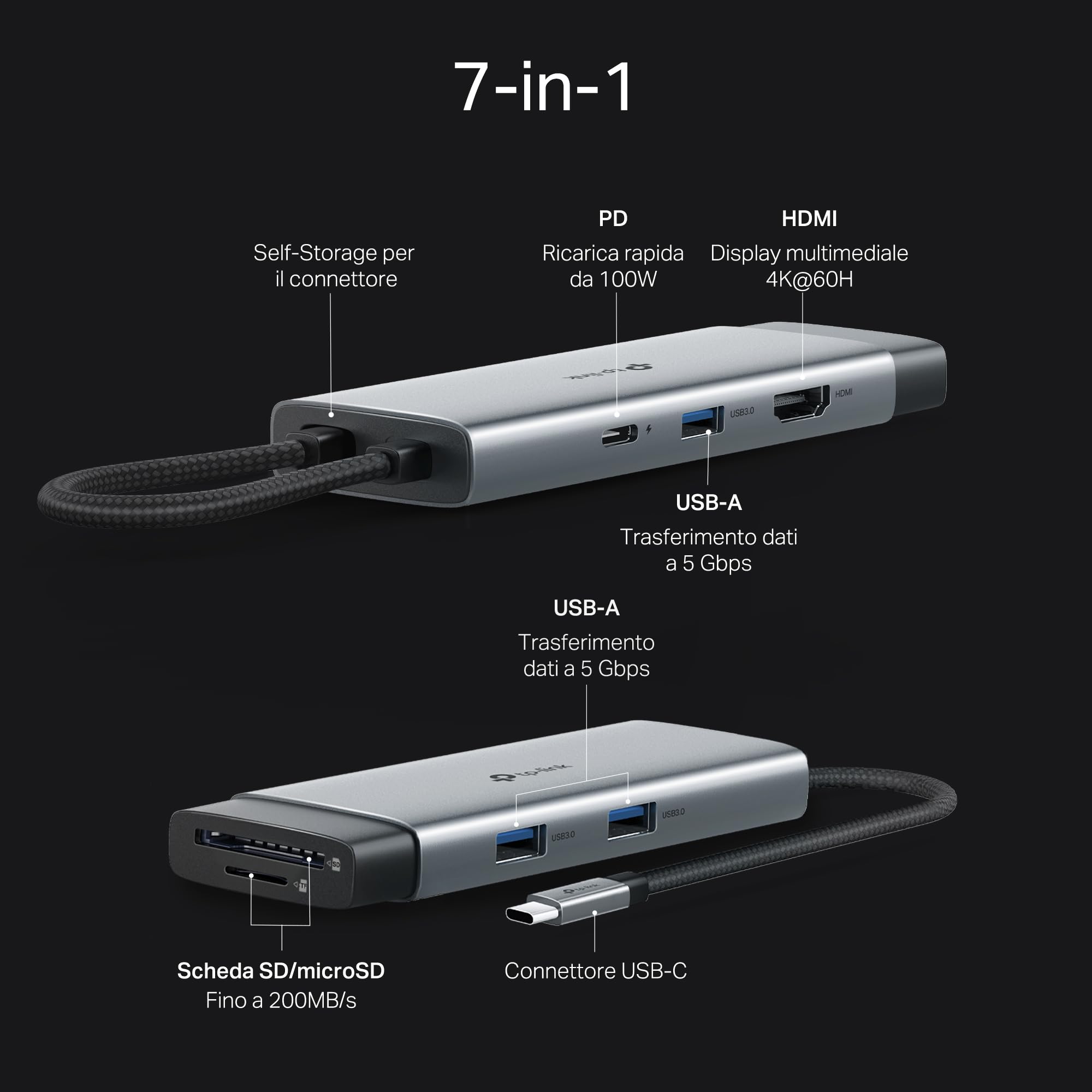 TP-Link UH7021C Hub USB C 7 in 1, 1 HDMI 4K@60Hz, SD e MicroSD UHS-I, 1 PD 100W, 3 Porte USB-A 3.0, 5 Gbps SuperSpeed, Win11/10/8.1/8/7, Mac OS, Linux OS, iOS, Android, Chrome OS