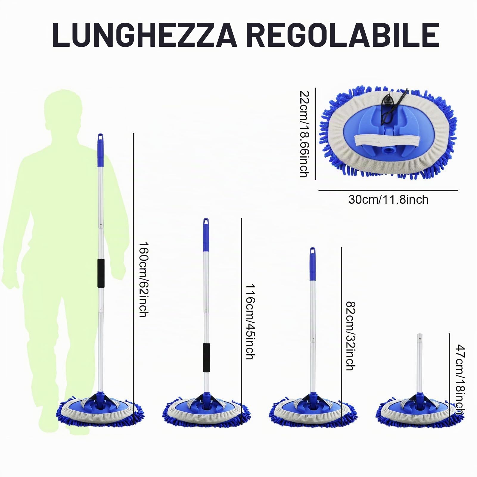 160 cm Spazzola di Pulizia per Lavaggio Auto con Manico Lungo,2 in 1 Spazzola Lavaggio Auto in Microfibra,per Campeggio, Auto, Sostituzione mop(3 Teste Ricambio)