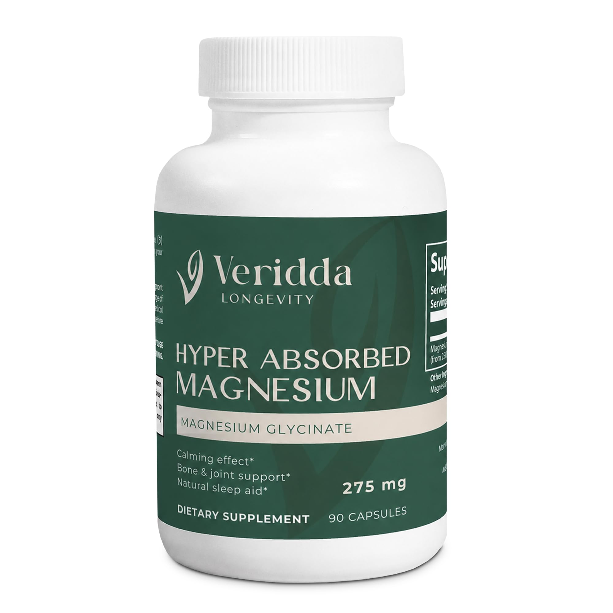 Veridda Magnesium Glycinate 275 mg, High Absorption, 90 Vegetarian Capsules