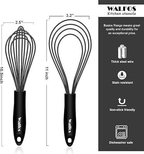 Miniatura 8 de Walfos - Juego de batidor de silicona, batidor plano de 11 pulgadas y batidor de globo de 10 pulgadas para mezclar, batir y cocinar en la cocina,