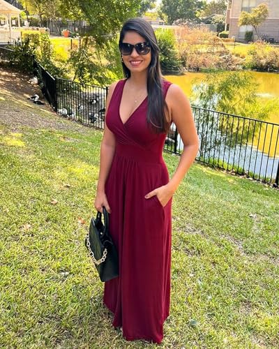 Image of AUSELILY Womens Maxi Dress Summer Sleeveless Wrap Long Dresses with Pockets | V-Neck Wrap Sleeveless Sundress, fits formal, casual, beach, vacation & daily wear