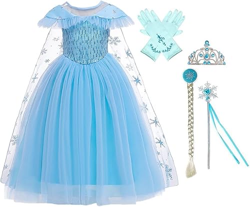 FMYFWY Disfraz de princesa Elsa Frozen para niñas, disfraz de Halloween, Navidad, fiesta de cumpleaños, vestido de tul con accesorios