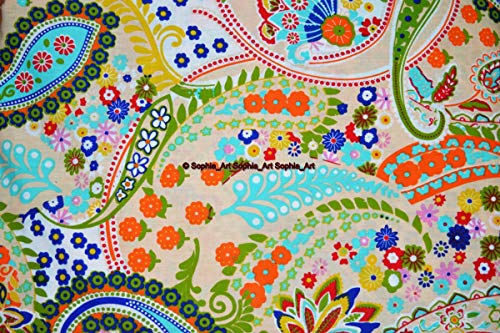 Image of Indian Hand-Block Printed Jaipuri Print Tropical Paisley Floral Ethnic Sanganer Kurti Print Cotton Fabric (Beige Paisley, 20 Yards)