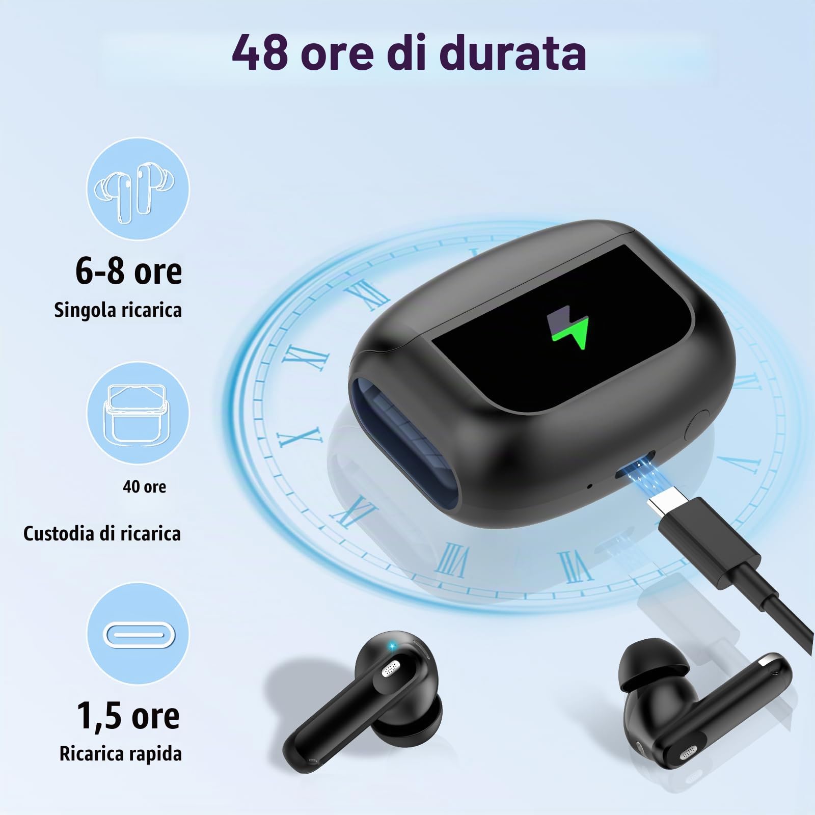 2026 Cuffie Bluetooth, 48 Ore Auricolari Bluetooth 5.4 Touch Screen, ANC/ENC Cancellazione Rumore Cuffie Senza Fili, 5 Equalizzatore, Stereo Hi-Fi Cuffie Wireless, IPX7 Impermeabile Cuffiette Nero