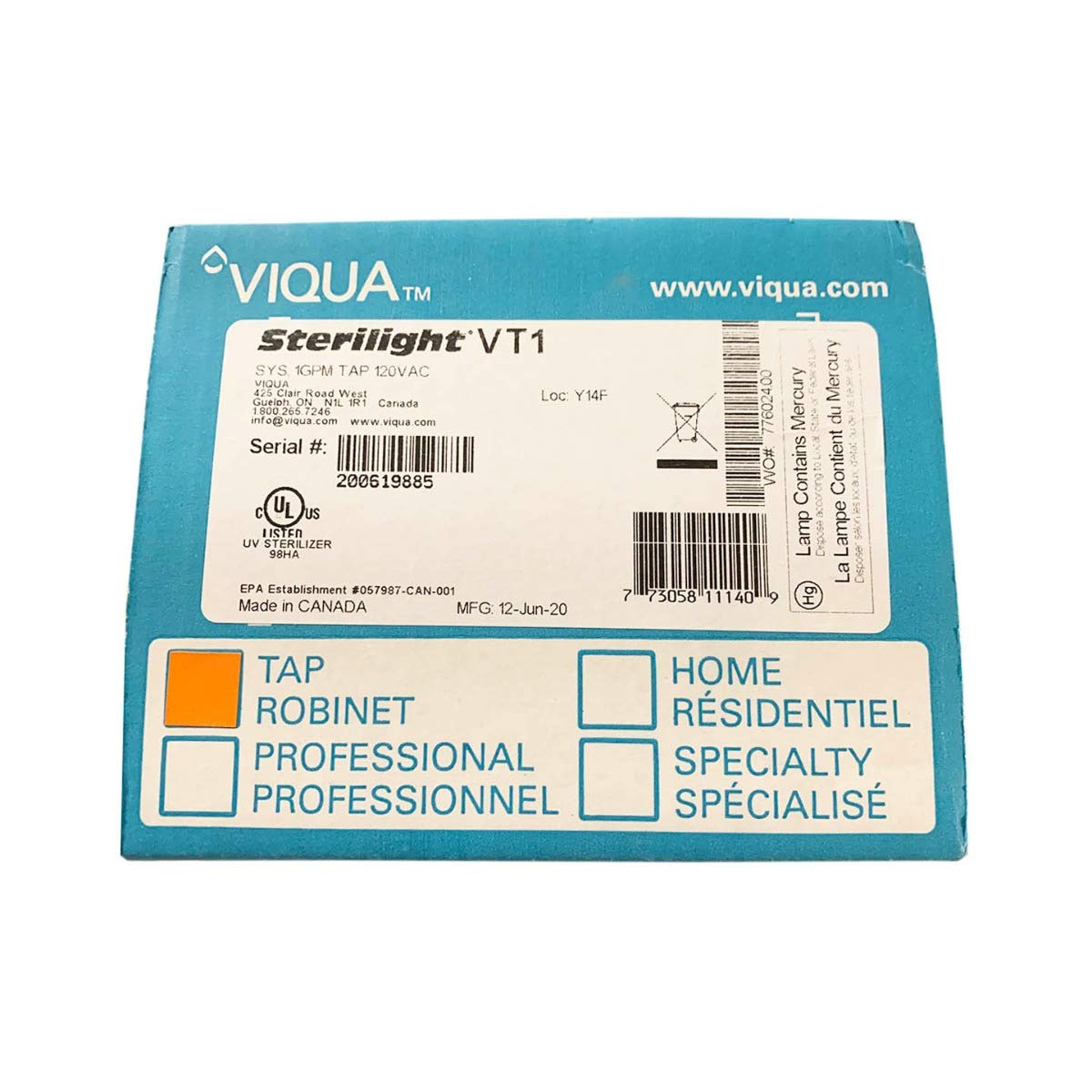 Viqua VT1 UV Home Water Treatment Under Sink 1 GPM Drinking Water System
