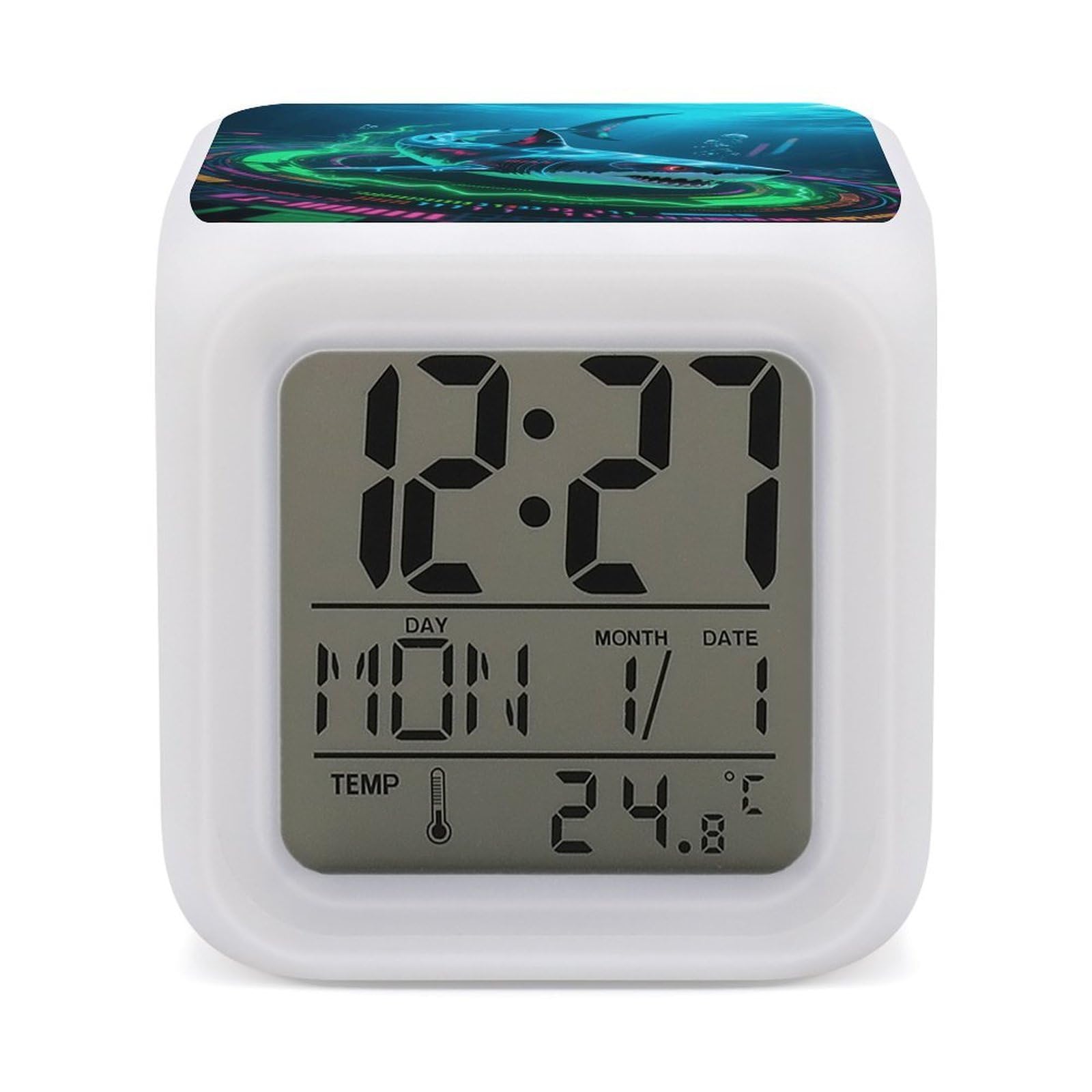 VstaDank Shark Alarm Clock with Date Temperature Large LED Display Number Clocks with 7 Colors Changing Desk Clock Battery Operated Digital Clocks with Date for Heavy Sleepers