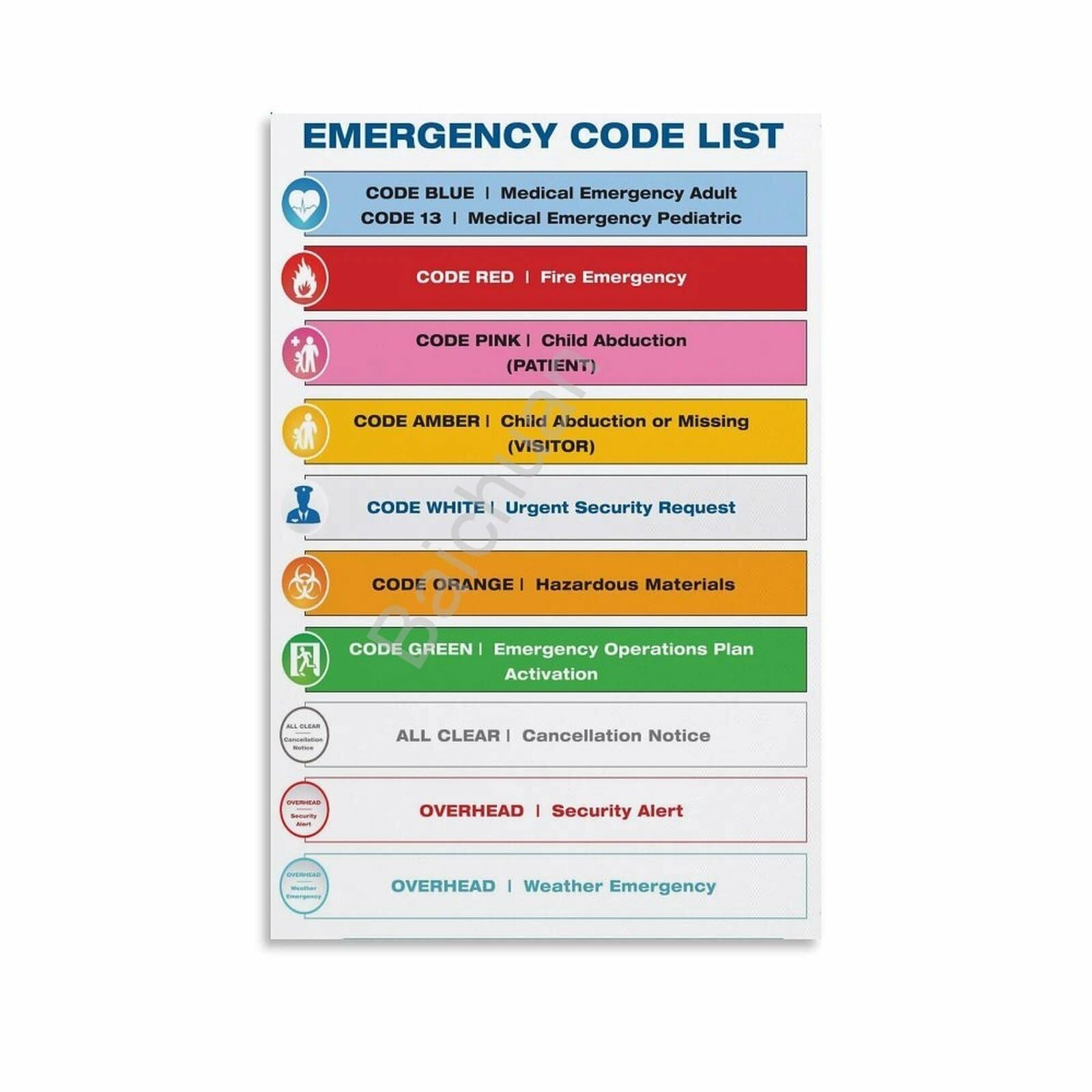 RNUMLIGH Facility Emergency Codes Color Reference Chart Wall-Art for Office Security Room Industrial Decor