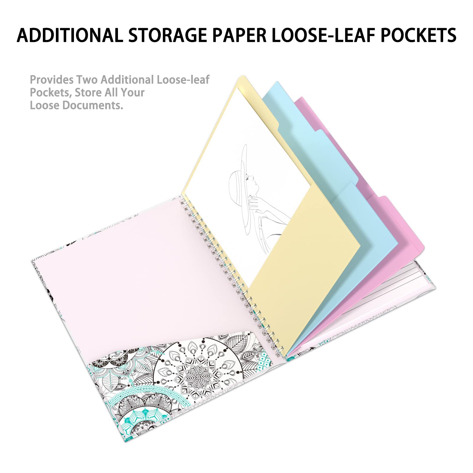 Rimilak Porte-bloc à spirale avec bloc-notes ligné rechargeable, 36,8 x 24,8 cm, porte-bloc à couverture rigide avec 5 poches intérieures, bande élastique et boucle pour stylo. Joli porte-bloc