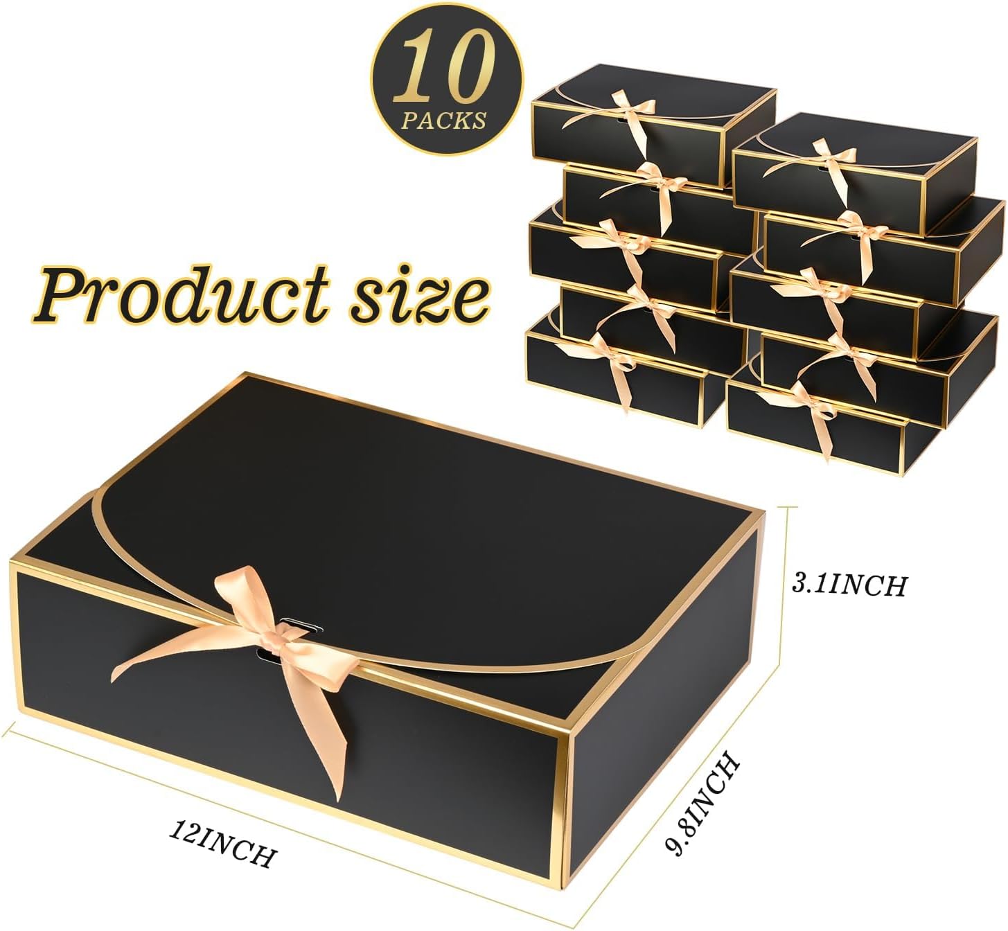 10 Pack Gold Foil Large Gift Boxes with Lids, 12.6x9.8x3.1 Inch Luxury Bridesmaid Proposal Box, Black Gift Boxes for Presents, Wedding, Baby Shower, Birthday Party