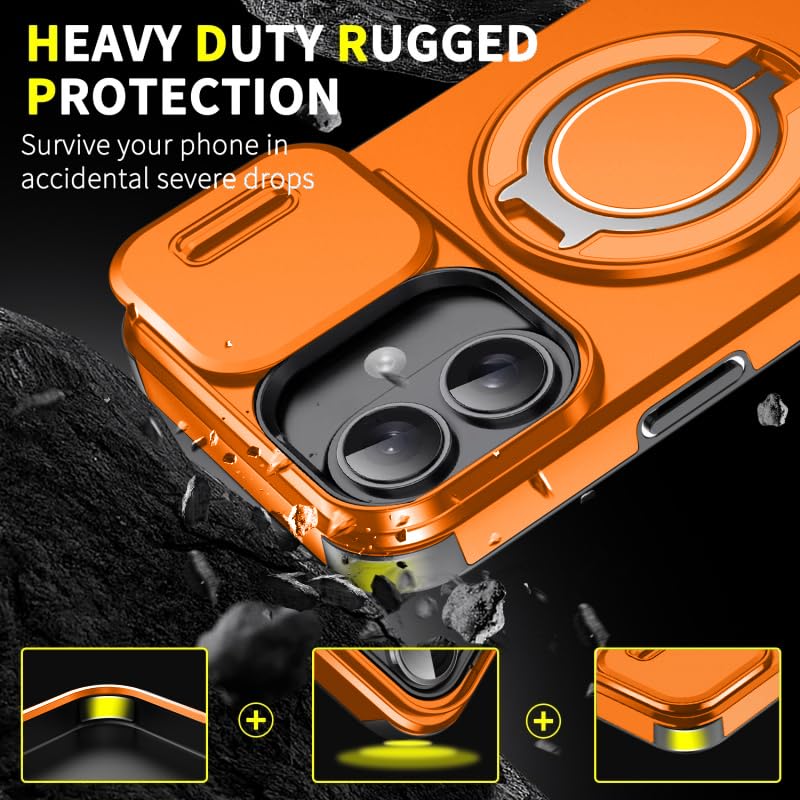 Image of LuxuryKase Shockproof Rugged Case for iPhone 16 | Slide Camera Cover | 360 Rotating Ring Kickstand | Military-Grade Protection - Sunset Orange