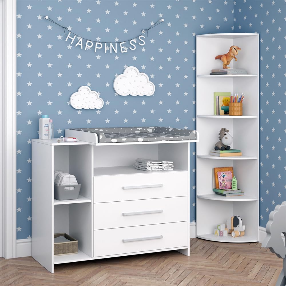 Vicco Juego de Cuarto de bebé Oskar, Blanco, 2 Partes, con Cambiador y Estante para Juguetes, Convertible en cómoda Normal Tras retirar el Cambiador