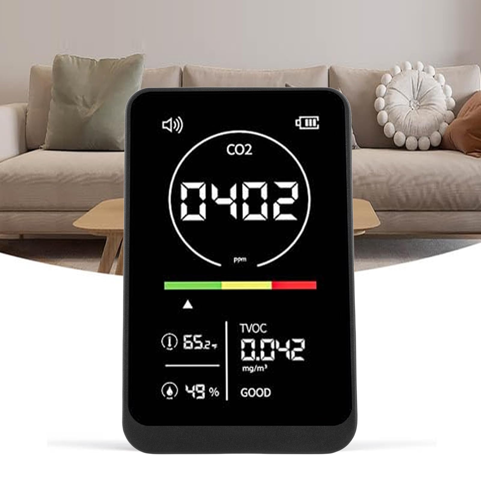 Gedourain Detector de Calidad del Aire, Probador de CO2 TVOC, Sensor de Alta Precisión, Recordatorio de Sonido para Invernadero Doméstico, Celda de Litio de 2500mAh