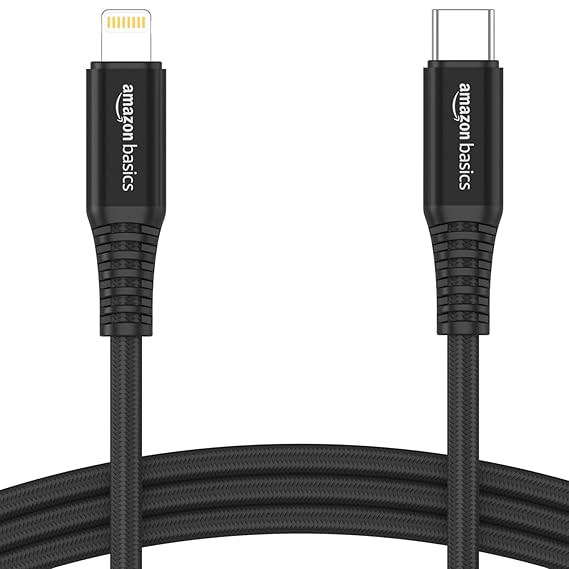 AmazonBasics Type-C to Lightning Nylon Braided Cable | 20W Fast Charging, 480Mbps Data Transfer Speed | Compatible With iPhone, iPad Air, Pro, Mini, iPad | 1 mtr (Black)