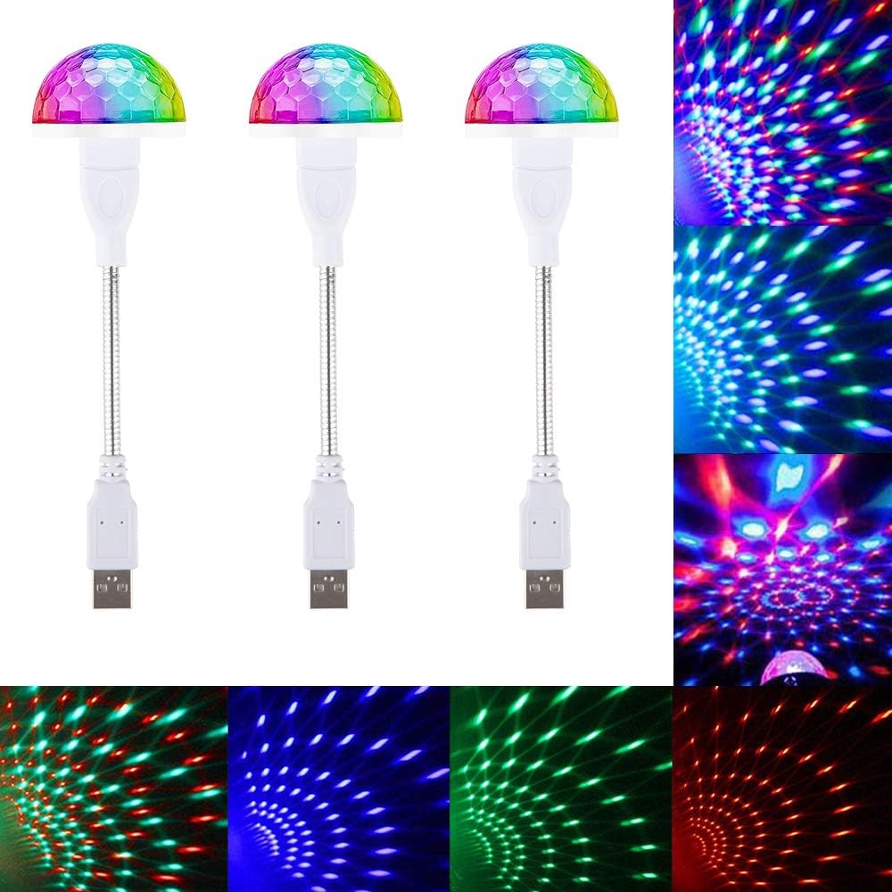 USB Mini Disco Light With Flexible Extender, 3Packs, Sound Activated Party DJ Ball Stage Lights - Multi Colors LED Car Auto, Magic Strobe for Xmas, Pool, Karaoke (White)