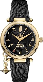 Vivienne Westwood Orb 여성용 36mm 아날로그 쿼츠 시계, 아날로그 디스플레이 및 블랙 가죽 스트랩 VV006GDBLK.