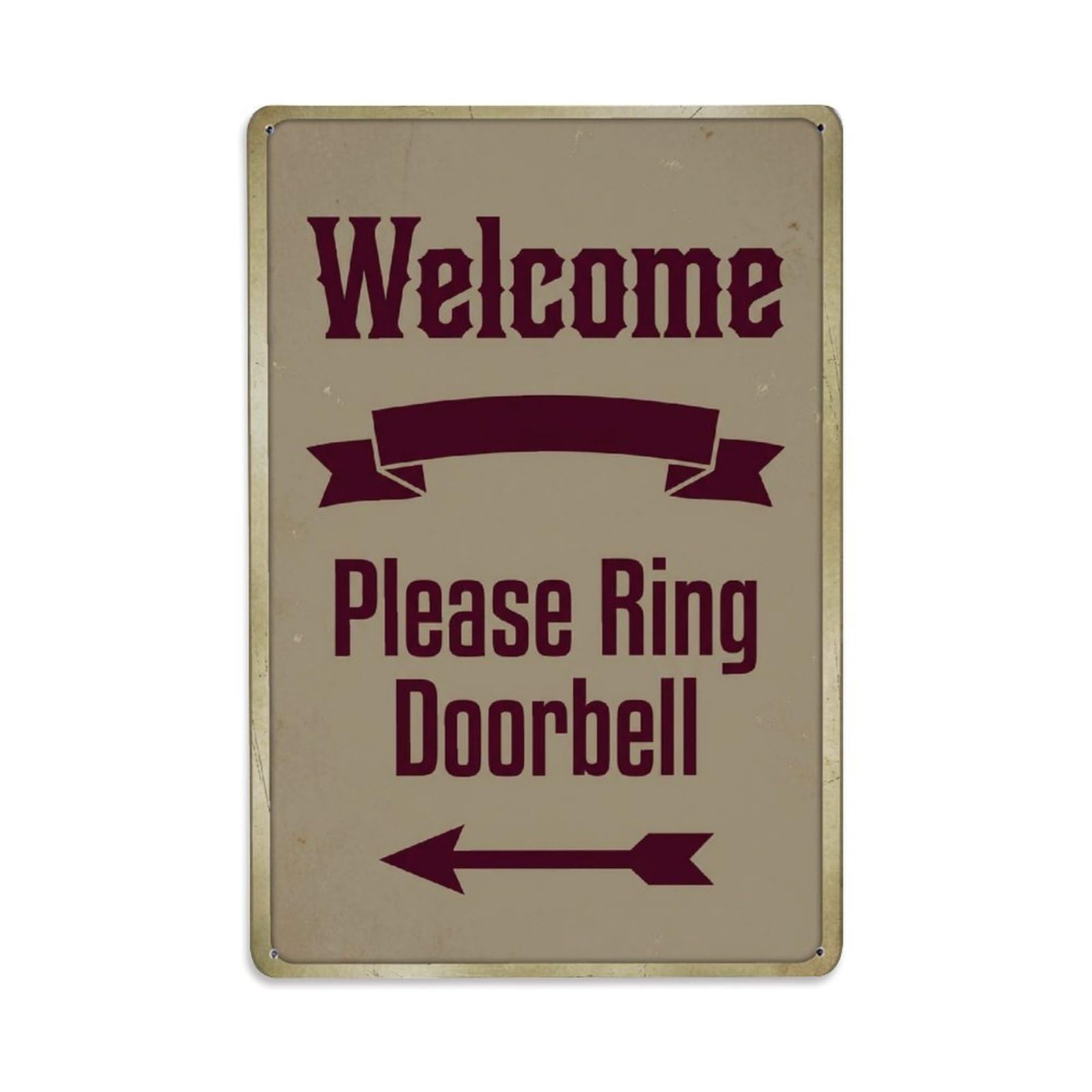 Metal Tin Sign Vintage Welcome Please Ring Doorbell Arrow Ribbon