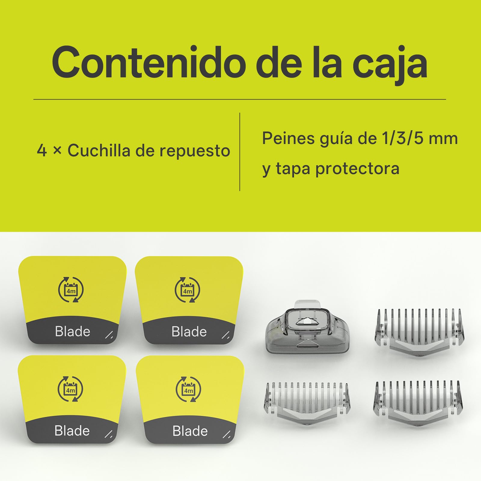 Juego de 4 cuchillas de recambio y 3 peines guía, compatibles con one blade QP2520 QP2630 QP2724 QP2734 QP2834 QP6510