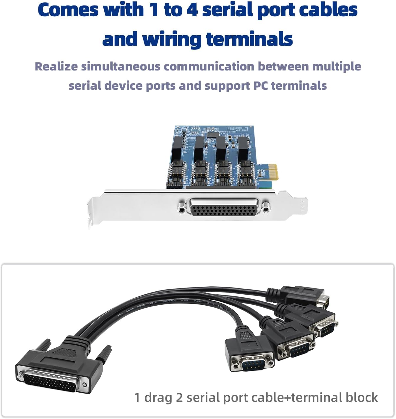 PCIE to 4 Ports RS-485/422 Serial Port Adapter Card with 1-to-4 Serial Ports Cable,Terminal Blocks,PCIE X1 to 4 DB9 Connectors Expansion Card for PC/Server,with AX99100 Chip,TVS Protection