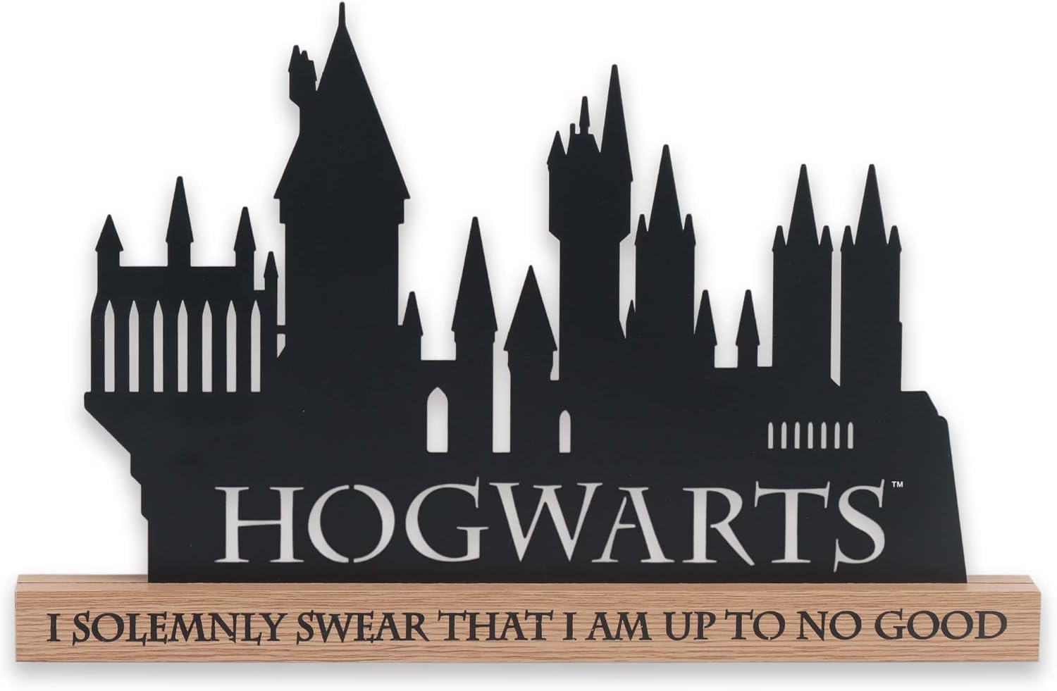 Harry Potter Hogwarts Silhouette Tabletop Decor - Metal Hogwarts Sign on Natural Wood Base for Home Decorating