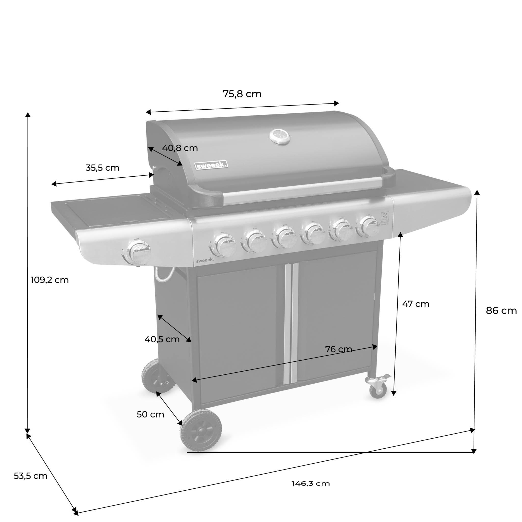 Alice's Garden - Barbecue au gaz - Bazin 6 Gris anthracite - Cuisine extérieure 6 brûleurs dont 1 feu latéral avec tablettes et thermomètre. rangement. roues