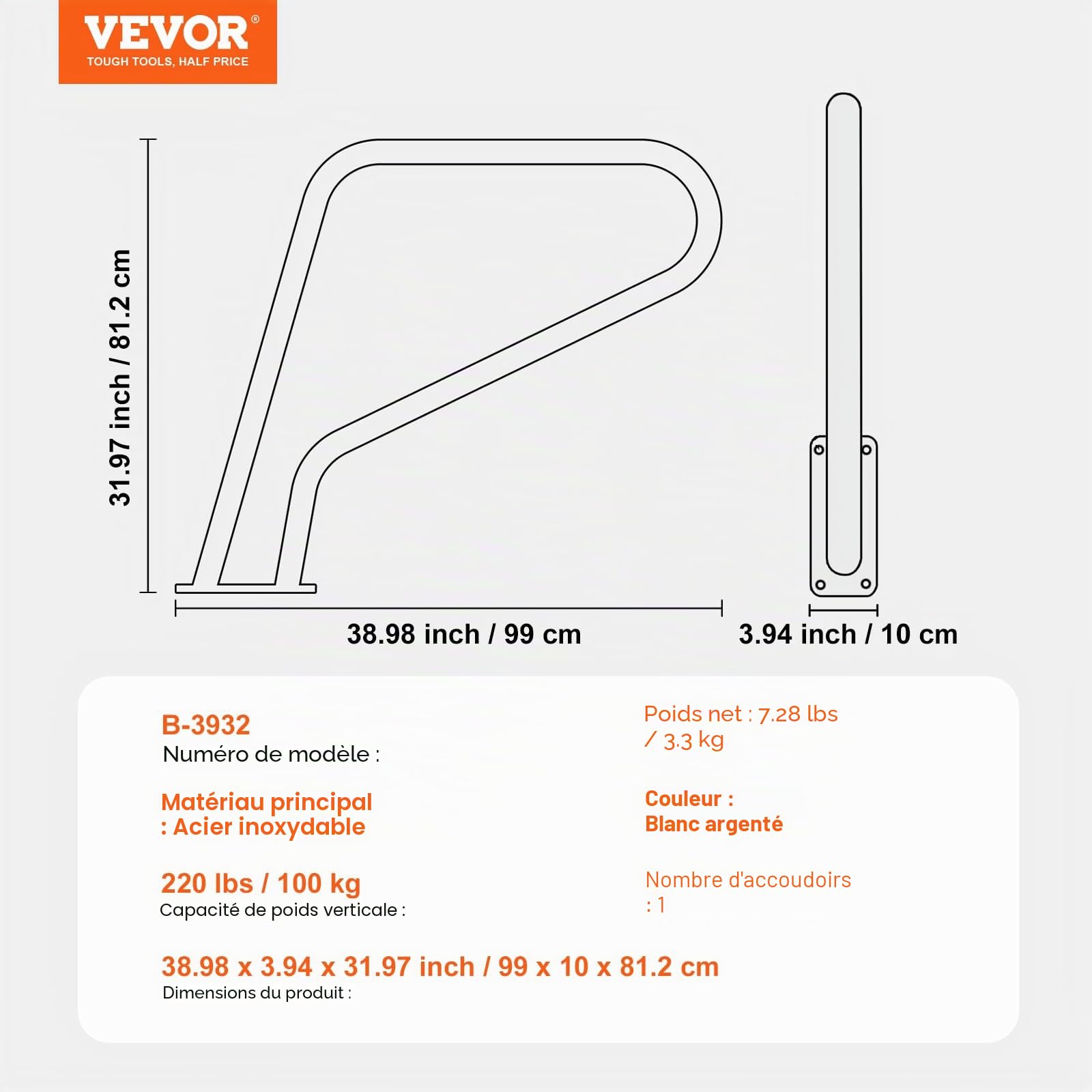 VEVOR Rampe Piscine, 990 x 812 mm, Main Courante Piscine Acier Inoxydable avec Plaque de Base, Barre d'Appui de Sécurité Antirouille, Accessoires, pour Piscines, Intérieur, Extérieur, Terrasses, Spas
