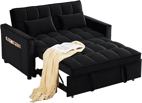 Antetek Convertible Sleeper Sofa Bed, 3 in 1 Velvet Loveseat Futon Sofa Couch with Pullout Bed, Black, 54"