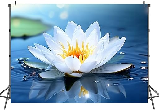 7x5FT Large Lotus Spa White Flowers Water Landscape Zen Spiritual Floral Photography Backdrop Background Cloth Portrait Photo Booth Studio Prop Banner Photographers Home Office Decor Supplies
