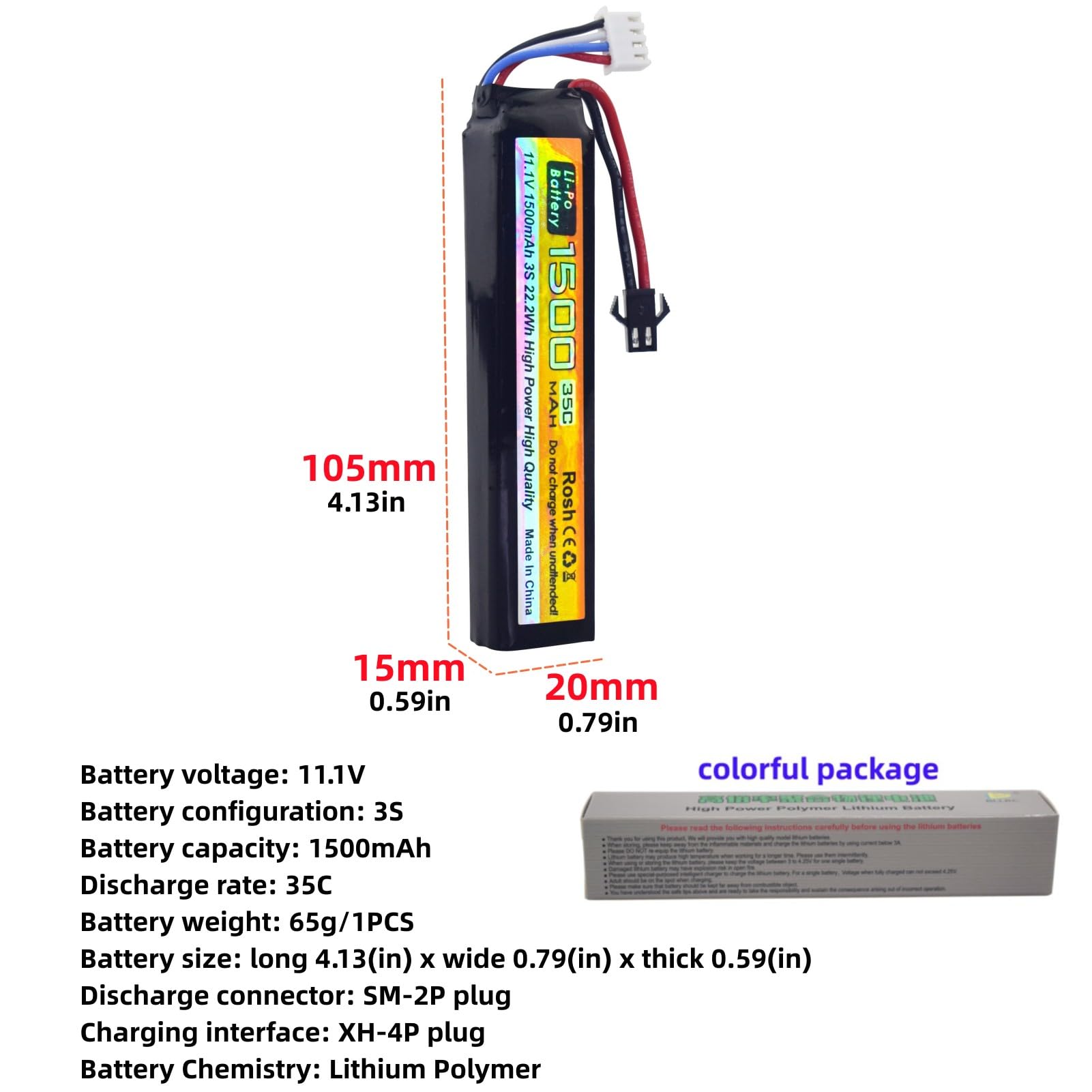 Fytoo 11.1V 35C 1500mAh SM-2P Plug T-Plug Kotamiya Plug Lithium Battery with USB Charging Cable for Airsoft Model Gun Rifle RC Car Drone Battery