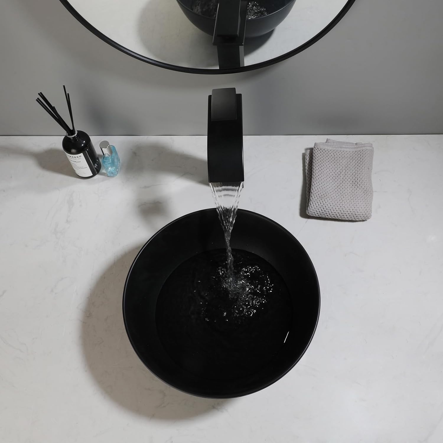 Matte Black Bathroom Vessel Sink with Waterfall Faucet and Pop-Up Drain Combo,13 Inch Stone Resin Vessel Sink Above Counter Round Bathroom Sink Bowl with Mixer Tap