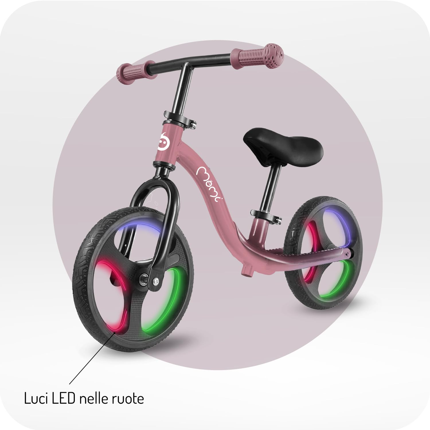 Momi Bicicletta senza pedali ISOKA per bambini 2+ anni (max 35 kg), telaio in metallo leggero 3,5 kg, regolazione altezza manubrio e sella senza attrezzi, ruote in gomma TPR con LED
