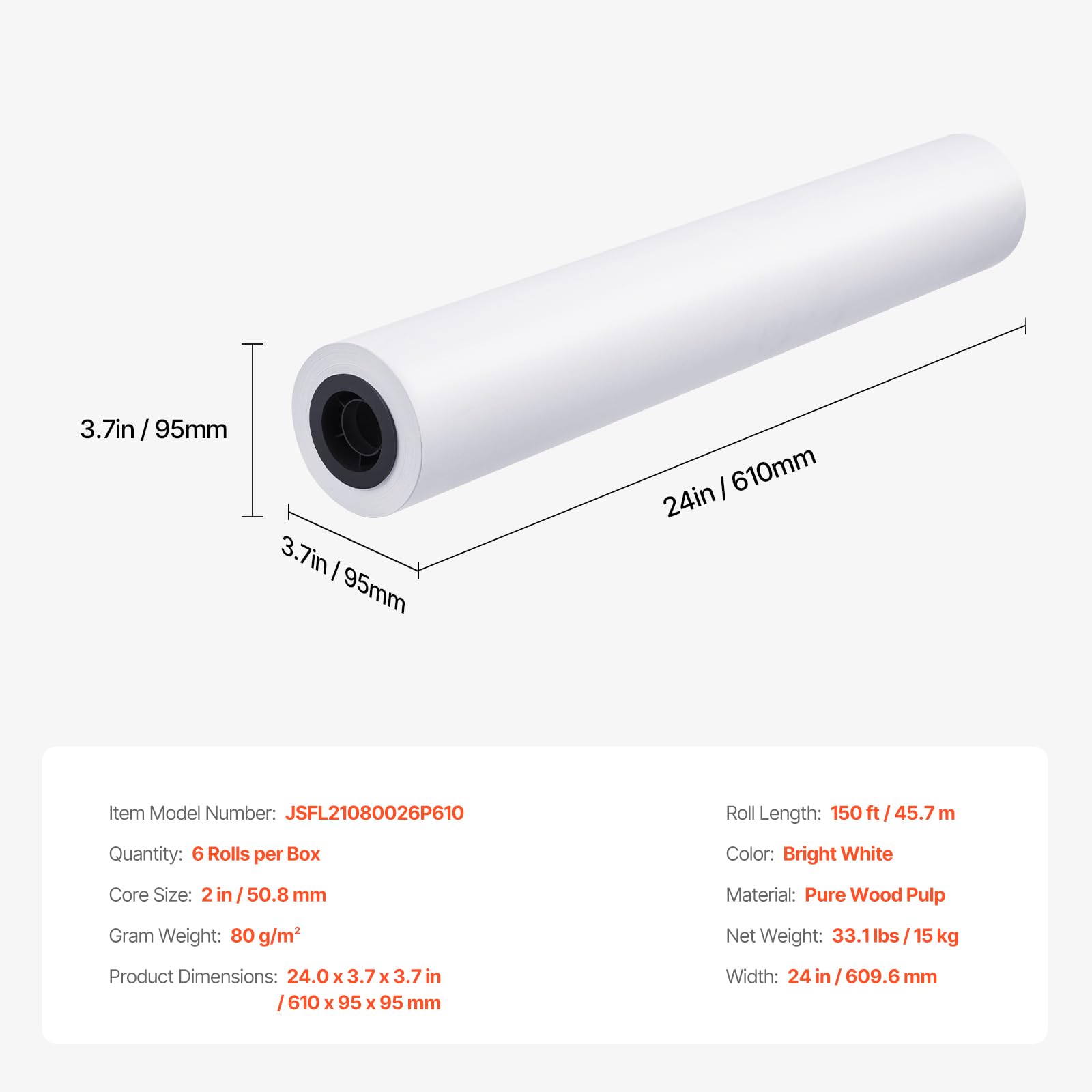 VEVOR Großformatpapier Plotterpapier 45,7 m x 61 cm 6 Rollen CAD-Bond-Rollen mit 50,8 mm Kern, Zeichenrollen für CAD-Zeichnungen, technische Pläne, GIS-Karten und Architekturentwürfe