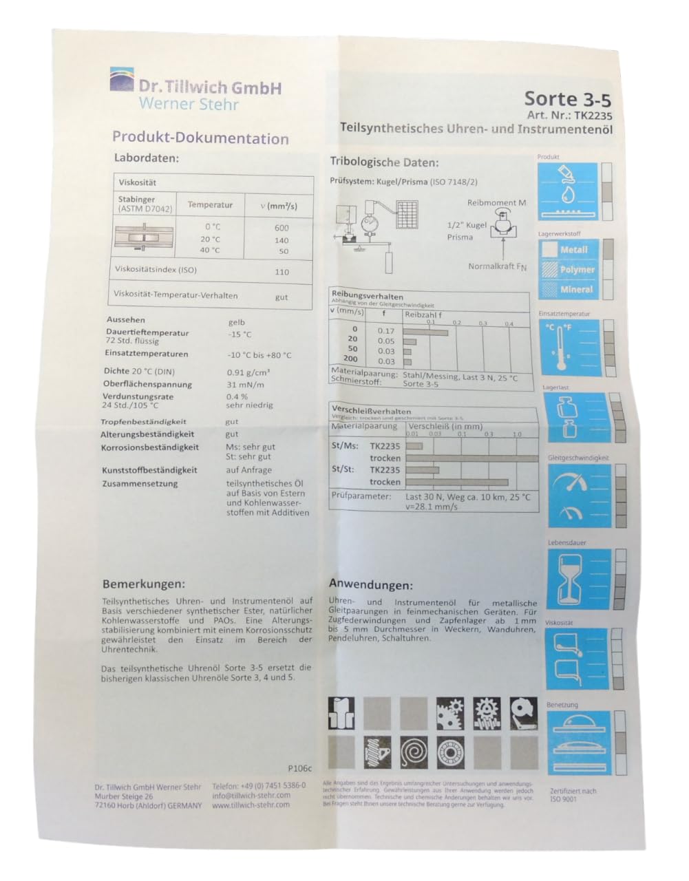 Dr. Tillwich Sorte 3-5 Uhrenöl Instrumentenöl 50ml Öl für Metalllager uvm