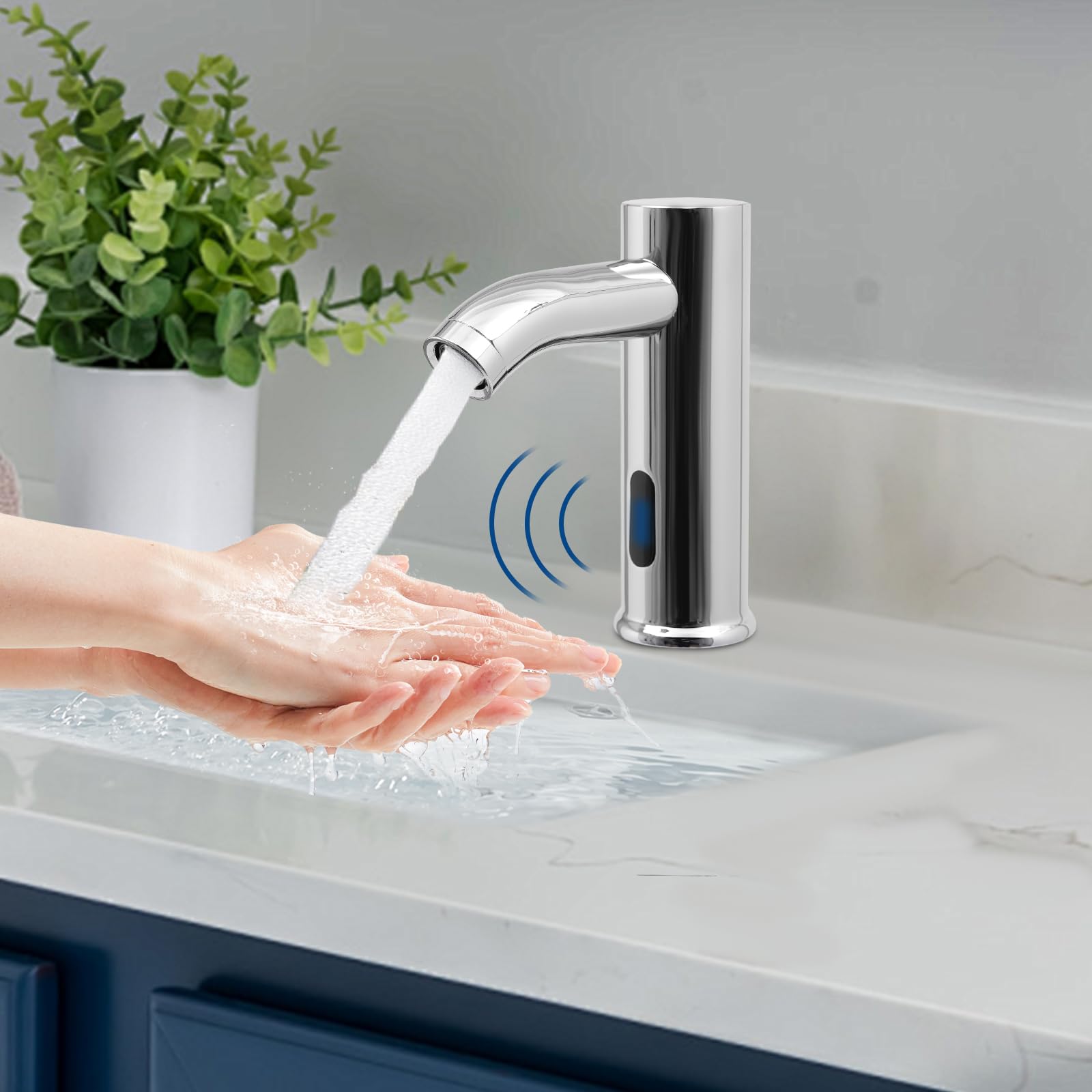 Rubinetto senza contatto,Rubinetto del sensore,Rubinetto automatico lavabo lavabo miscelatore argento,Tubi lunghi,Copertura decorativa,per case, ristoranti, centri commerciali