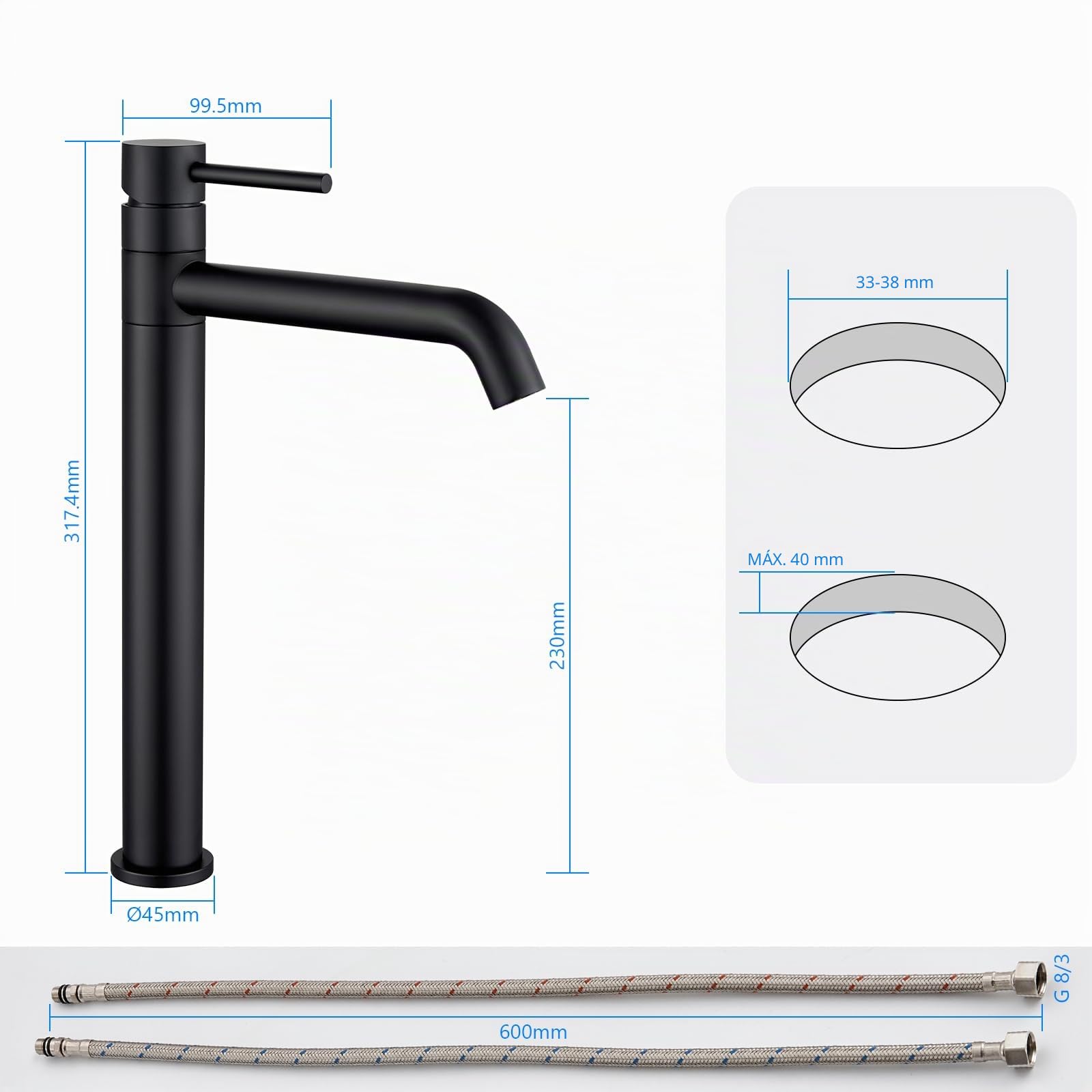 Grifo de Lavabo Alto, Grifo de Baño Giratorio 360°, Grifo Mezclador de Caño Alto para Lavabos de Encimera, llaves de Paso de Agua Baño Monomando de Baño, Negro