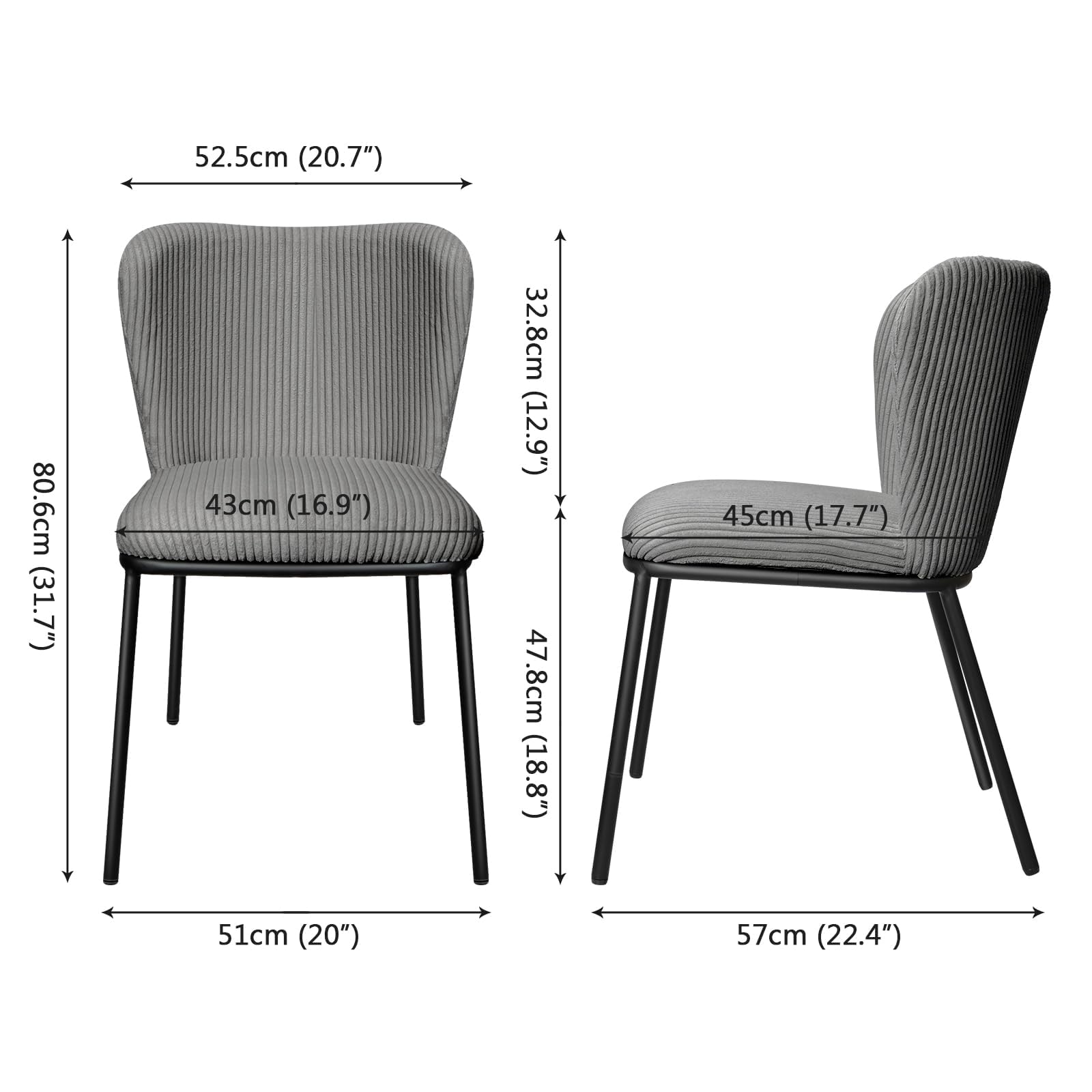Esszimmerstühle 2er Set, Esstischstühle mit Cordbezug und Metallbeinen, ergonomische Küchenstühle armlehnlos für Esszimmer & Küche, Bequeme Stühle mit Schaumstoffpolsterung-Grau