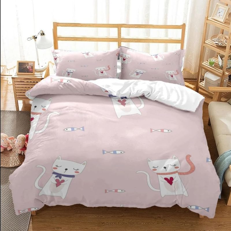 Housse de couette chat violet 90x190 avec taie d'oreiller en microfibre pour lit enfant
