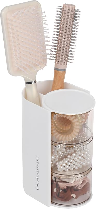 Organizador giratório FABROK com 3 compartimentos para acessórios de cabelo e maquiagem, branco