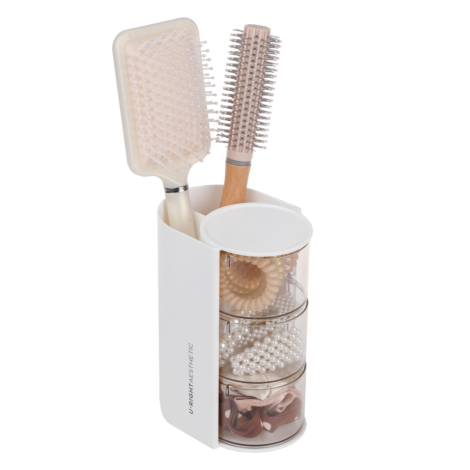 FABROK 3-Layer Clear Hair Accessories Organizer with Hair Brushes Holder, Rotatable Small Jewelry Box for Clip Earring Necklaces, Desktop Organizer
