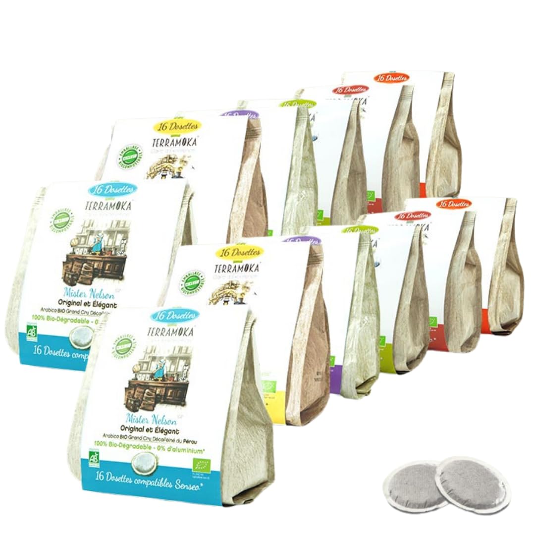 TERRAMOKA - Coffret Découverte 192 Dosettes Compatibles avec Senseo Café Bio d’excellence (12 * 16) - 100% Pur Arabica - Riche et Savoureux - Sachet 100% Recyclable - Idée cadeau - Torréfié en France