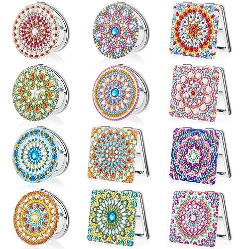 Kigley 12 Pcs Mandala Makeup Diamond Painting DIY Compact Crystal Magnifying Folding Purse Mirror Kit for Adults and Beginners