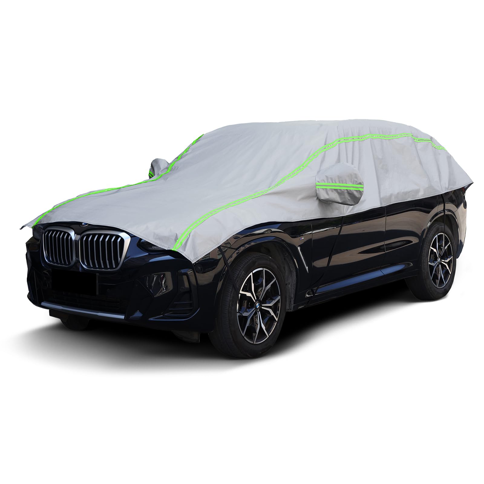 Half Car Cover SUV,Top Cover with Green Reflective Strip, Hail Protector Car Cover with Cotton Liner, Sunroof & Windshield Cover for Ice and Snow, All Weather Car Body Cover for Snow, Sun, Rain, Dust