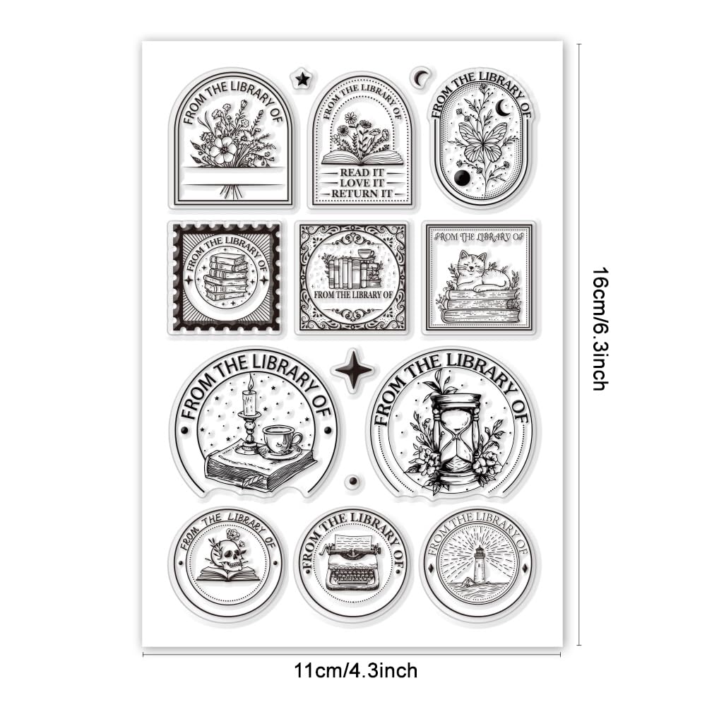 PH PandaHall from The Library of Clear Stamp - Sello de silicona personalizado para libros, estantería, sello transparente de lectura para tarjetas de biblioteca, álbumes de recortes, decoración de
