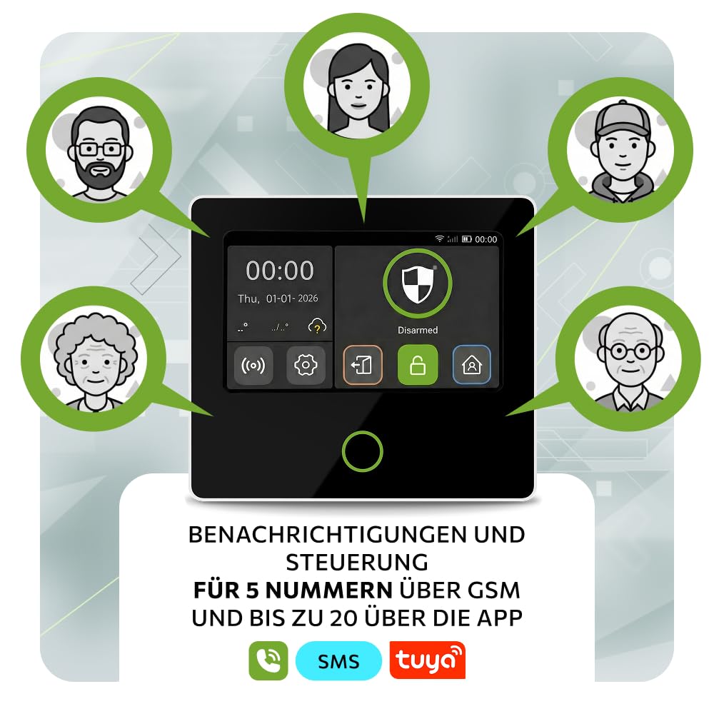 Funk Alarmanlage Set Haus mit Solar-Alarmsirene WLAN + GSM 4G | 1x Bewegungsmelder, 1x Tür- & Fenstersensoren | steuerbar über das Smartphone/App – Modell HUXGO HXA502