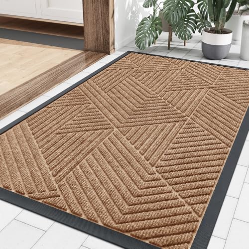 Image of Smiry Front Door Mat Outside Entrance, Heavy Duty Sturdy Natural Rubber Doormat, Trap Dirt and Moisture, Easy Clean Low Profile Mats for Indoor Outdoor Entry, Irregular Triangle (59x40, Coffee)