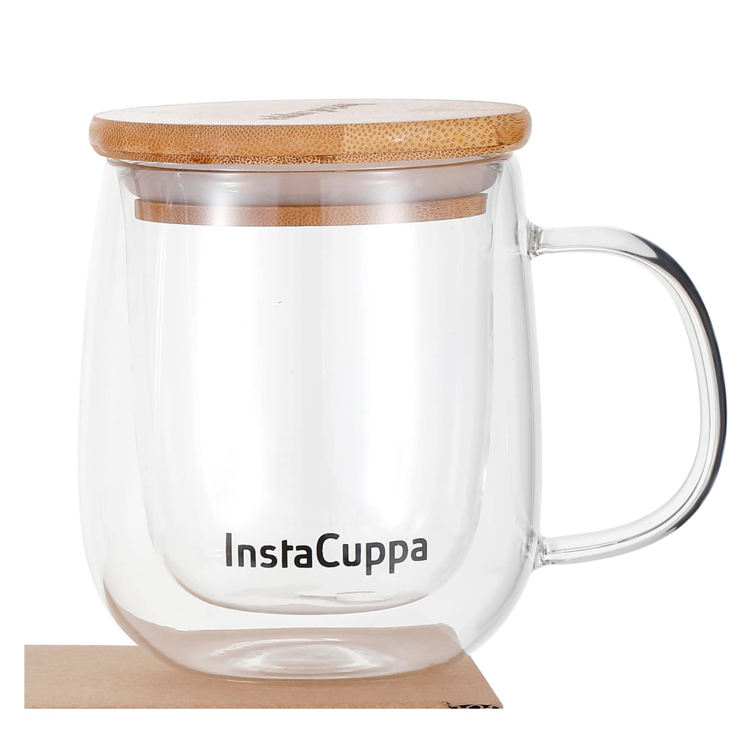 Double Walled Glass Coffee Mug with Bamboo Lid and Large Handle, Clear Borosilicate Glass Cups for Drinking Tea, Espresso and Hot Beverages, 300 ML, Pack of 1